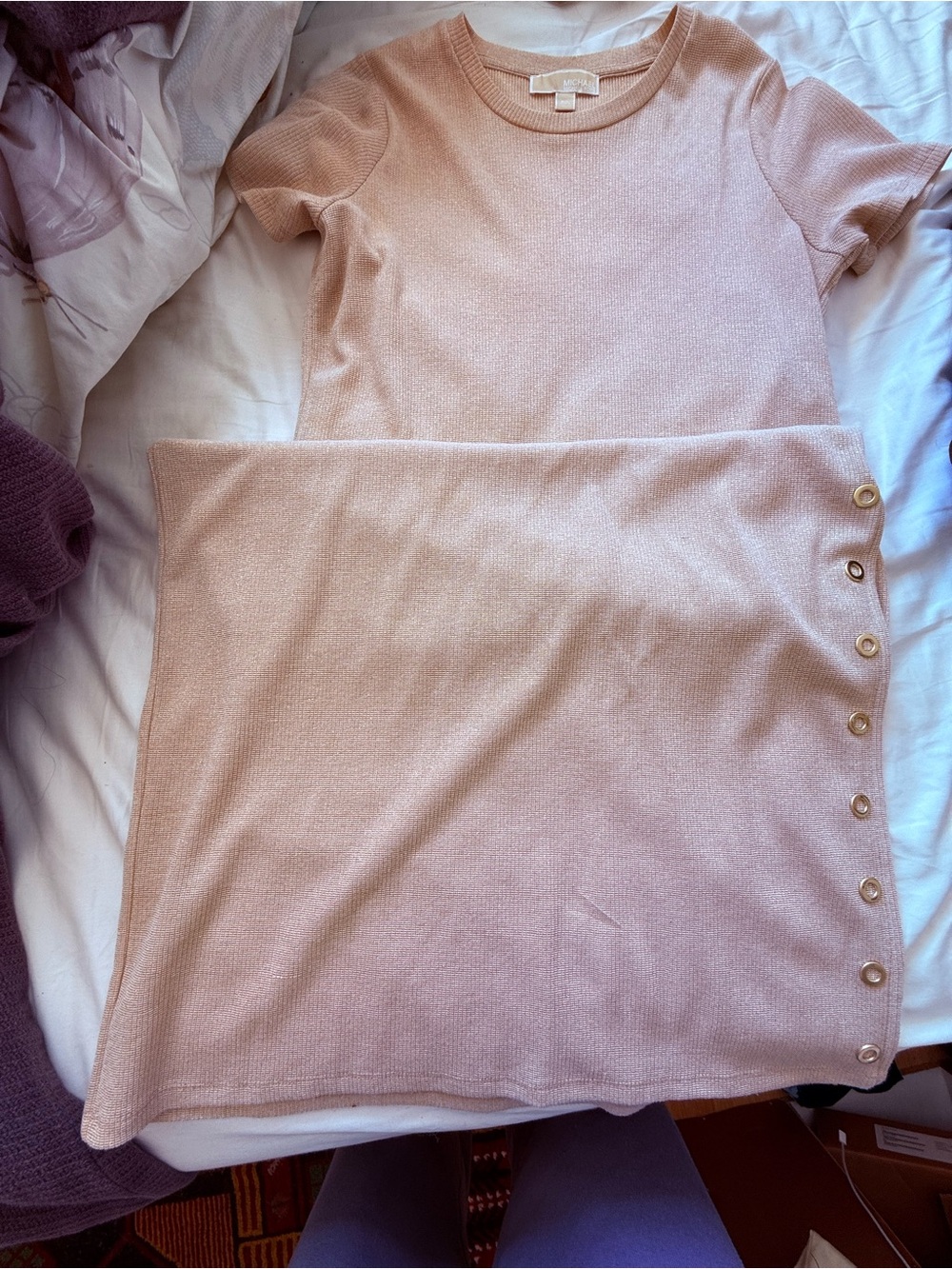 Michael Kors Blush Pink Short-Sleeve Knit Sweater Dress with Side Buttons